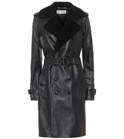 Saint Laurent Belted Shearling-trimmed Leather Trench Coat In Black