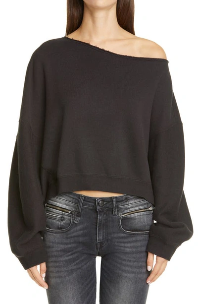 R13 Patti Asymmetric Puff-sleeve Off-the-shoulder Sweatshirt In Washed Black