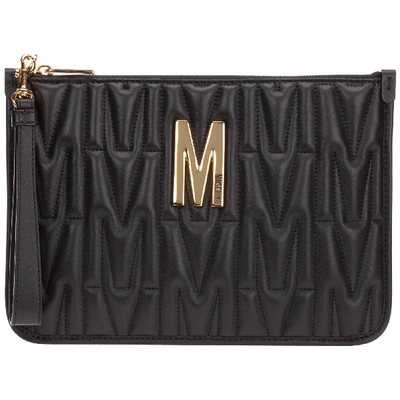 Moschino M Logo Black Quilted Leather Clutch