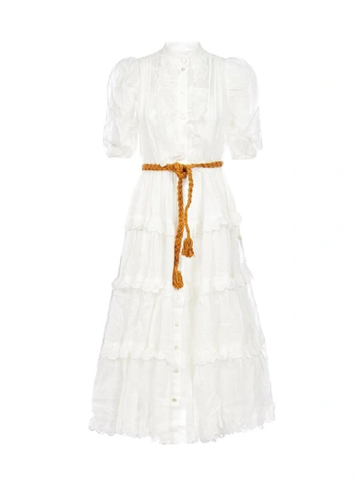 Zimmermann Amelie Ruffled Ramie Midi Dress In White