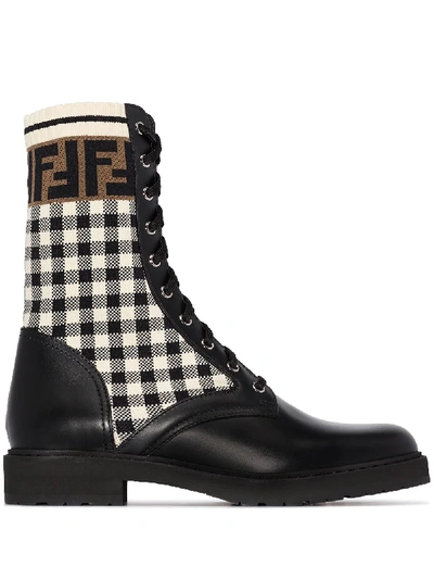 Fendi Leather Biker Boots With Stretch Fabric In Black