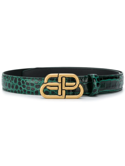 Balenciaga Bb Shiny Croc-embossed Leather Belt In Forest Green