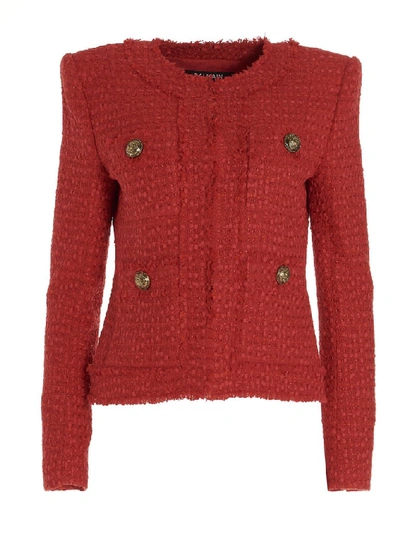 Balmain Collarless Tweed Jacket In Red