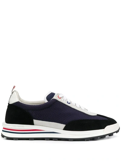 Thom Browne Blue Tech Runner Leather And Mesh Sneakers In Blue,white,black
