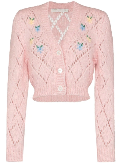Alessandra Rich Cropped Embroidered Pointelle-knit Alpaca-blend Cardigan In Pink