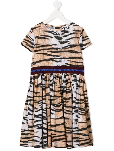 Molo Kids' Tiger Print Organic Cotton Dress In Beige