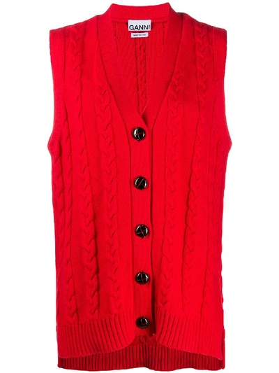 Ganni V-neck Cable-knit Cotton-blend Sleeveless Cardigan In Red