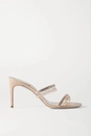 RENÉ CAOVILLA CRYSTAL-EMBELLISHED SATIN AND METALLIC LEATHER SANDALS