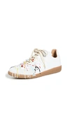 Maison Margiela Replica Sneakers In White Leather With Dripping Detail In White/pollock Multicolor