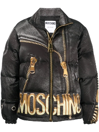 Moschino Logo Print Puffer Jacket In Black