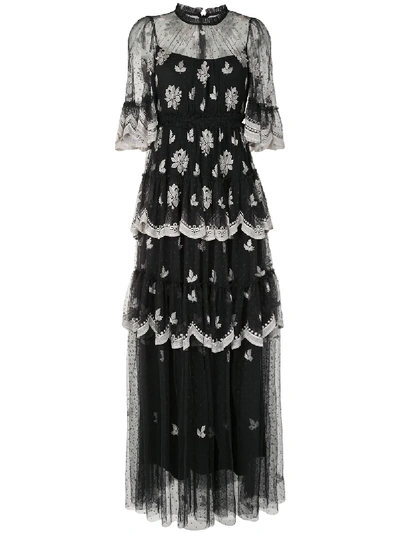 Needle & Thread Tiered Floral Lace Dress In Black