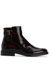 Tod's T Logo Plaque Leather Boots In Red