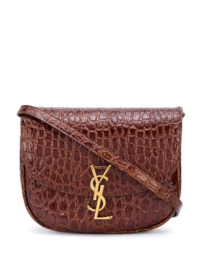 Saint Laurent Kaia Ysl-plaque Croc-effect Leather Cross-body Bag In Brown