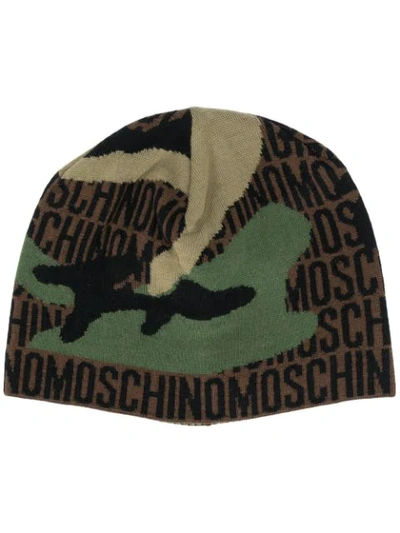 Moschino Camouflage Print Beanie In Green