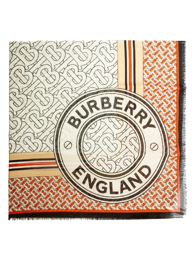 Burberry Logo Motif Print Scarf In White/orange