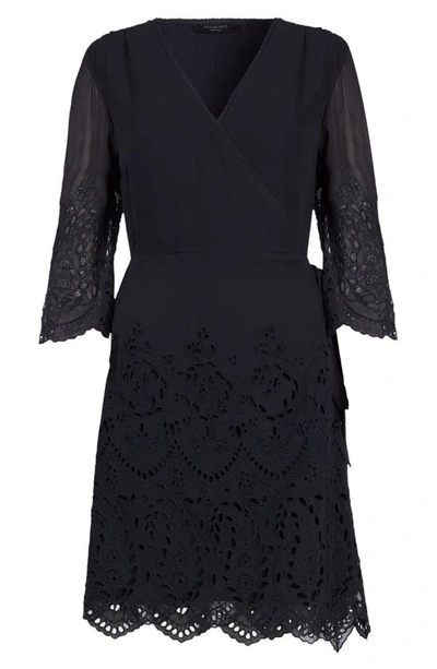 Allsaints Zariah Eyelet Embroidered Wrap Dress In Ink Blue
