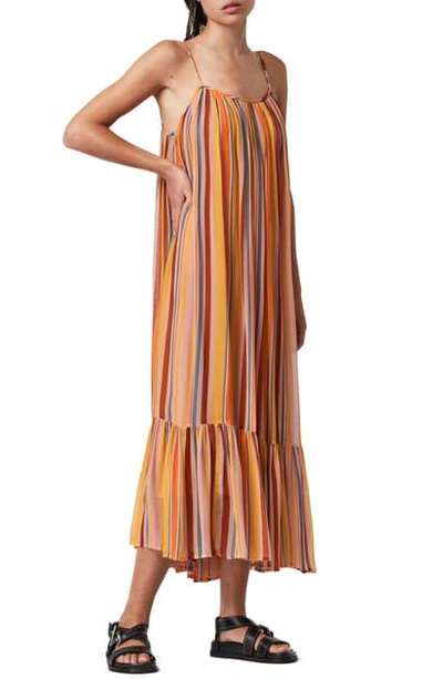 Allsaints Paola Stripe Sleeveless Dress In Orange/pink