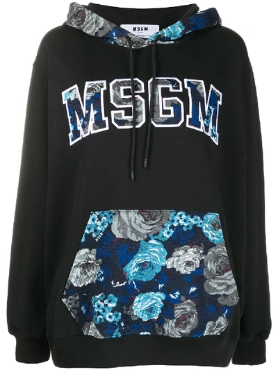 Msgm Floral-panel Oversized Logo Hoodie In Black