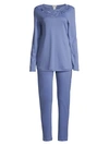 Hanro Madlen Embroidery-trimmed 2-piece Long Pajama Set In Clematis Blue