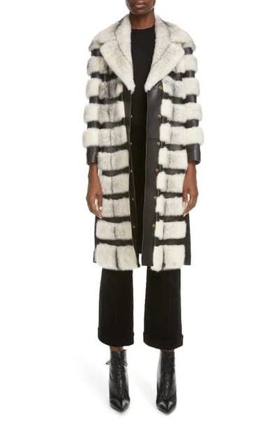 Saint Laurent Genuine Mink Fur Stripe Leather Coat In Naturel/ Noir