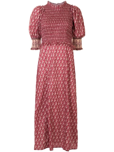 Sea Beaux Ruffled Shirred Printed Cotton Midi Dress In Red