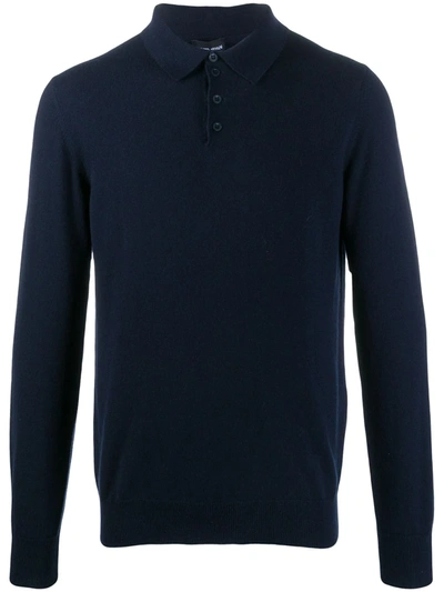 Giorgio Armani Long-sleeved, Pure Cashmere Polo Shirt In Blue