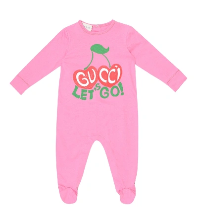 Gucci Babies' Logo Printcotton Jersey Romper In Pink