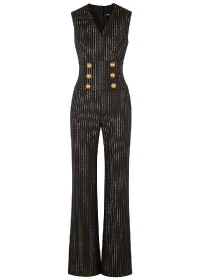 Balmain Crest Button Pinstriped Wool-blend Jumpsuit In Black
