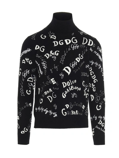 Dolce & Gabbana Cashmere Turtle-neck Sweater With Embroidery In Black/white