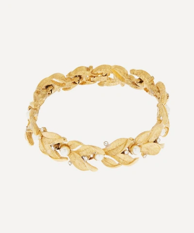Susan Caplan Vintage Gold-plated 1950s Trifari Crystal And Faux Pearl Leaf Bracelet
