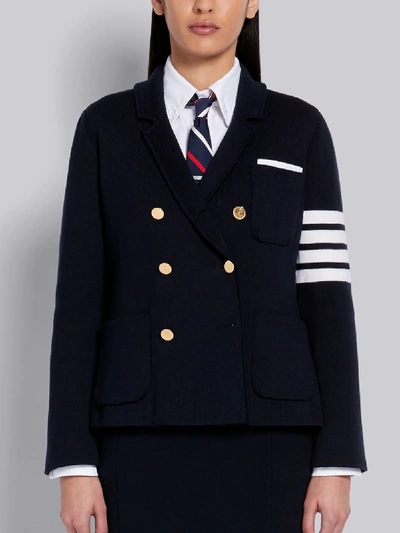Thom Browne Navy Double Face Fine Merino Wool Double Breasted 4-bar Jacket In Blue