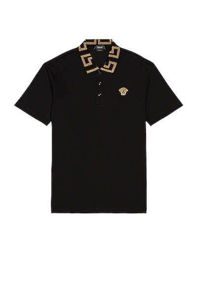 Versace Geometric Patterned Black Polo Shirt With Classic Placket