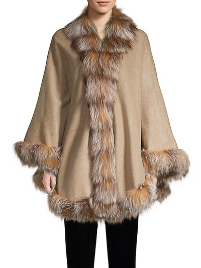 Belle Fare Silver Fox Fur-trim Wool Shawl In Oatmeal