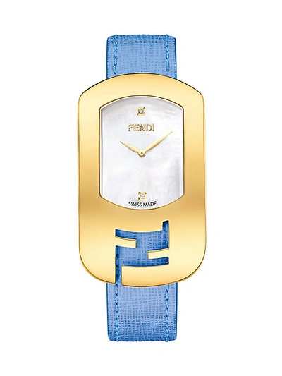 Fendi Chameleon Goldtone Stainless Steel, Mother-of-pearl & Saffiano Leather Large Signature Strap Watch In Blue