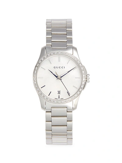 Gucci G-timeless Stainless Steel, Mother-of-pearl & Diamond Bracelet Watch In Silver