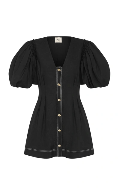 Aje Quietude Puff-sleeved Linen Mini Dress In Black