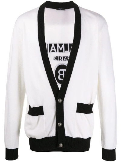 Balmain Colour-block Cable-knit V-neck Cardigan In White