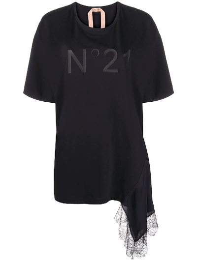 N°21 Asymmetric Lace-trim Logo T-shirt In Black