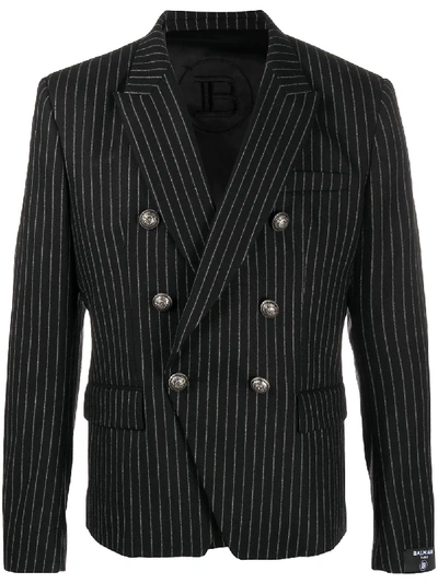 Balmain Pinstriped Double Breasted Blazer In Black