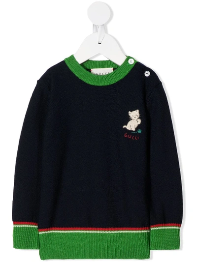 Gucci Babies' Cat-embroidered Jumper In Blue