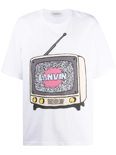 Lanvin Logo Tv Printed Cotton T-shirt In White,brown,yellow