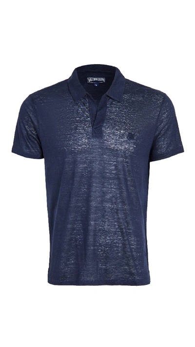 Vilebrequin Regular Fit Short Sleeve Linen Polo Shirt In Blue Night