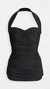 Norma Kamali Bill Mio Shirred Halter One-piece Swimsuit In Black