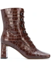 BY FAR SQUARE-TOE CROCODILE ANKLE BOOTS