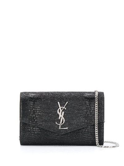 Saint Laurent Black Uptown Mock Croc Leather Clutch Bag