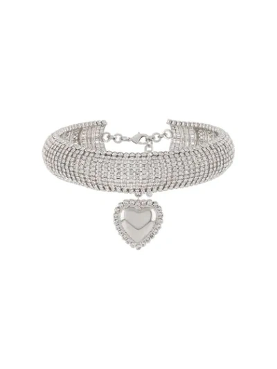 Alessandra Rich Crystal Choker With Heart Pendant In Silver