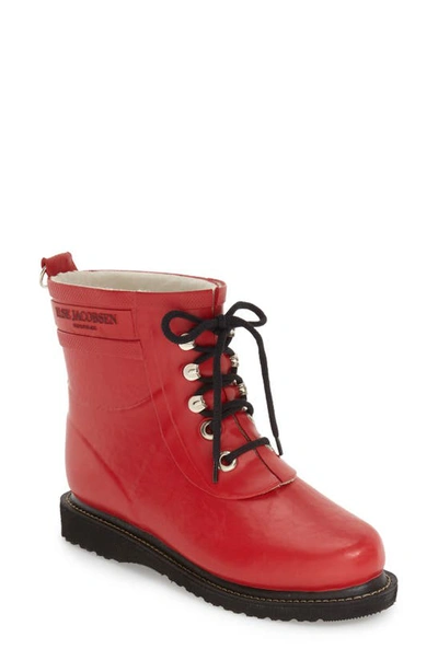 Ilse Jacobsen Medium Length Rubber Lace Up Wellington Boots Deep Red Rub 15 303