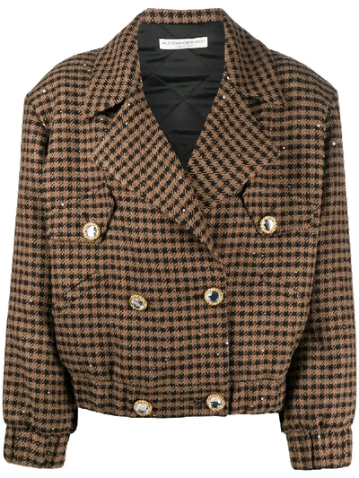 Alessandra Rich Vichy Embellished Houndstooth Tweed Bomber Jacket In Brown,black