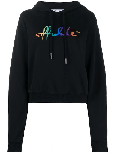 Off-white Rainbow Logo Print Cropped Hoodie In Black