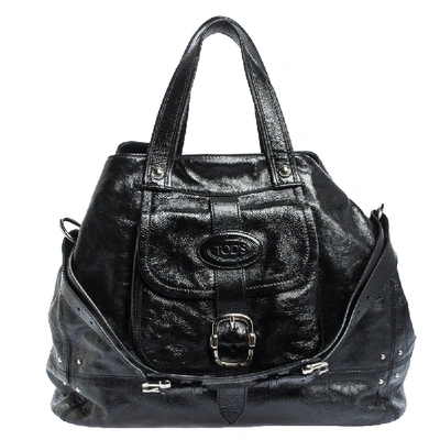 Pre-owned Tod's Black Glazed Leather Buckle Pocket Shoulder Bag